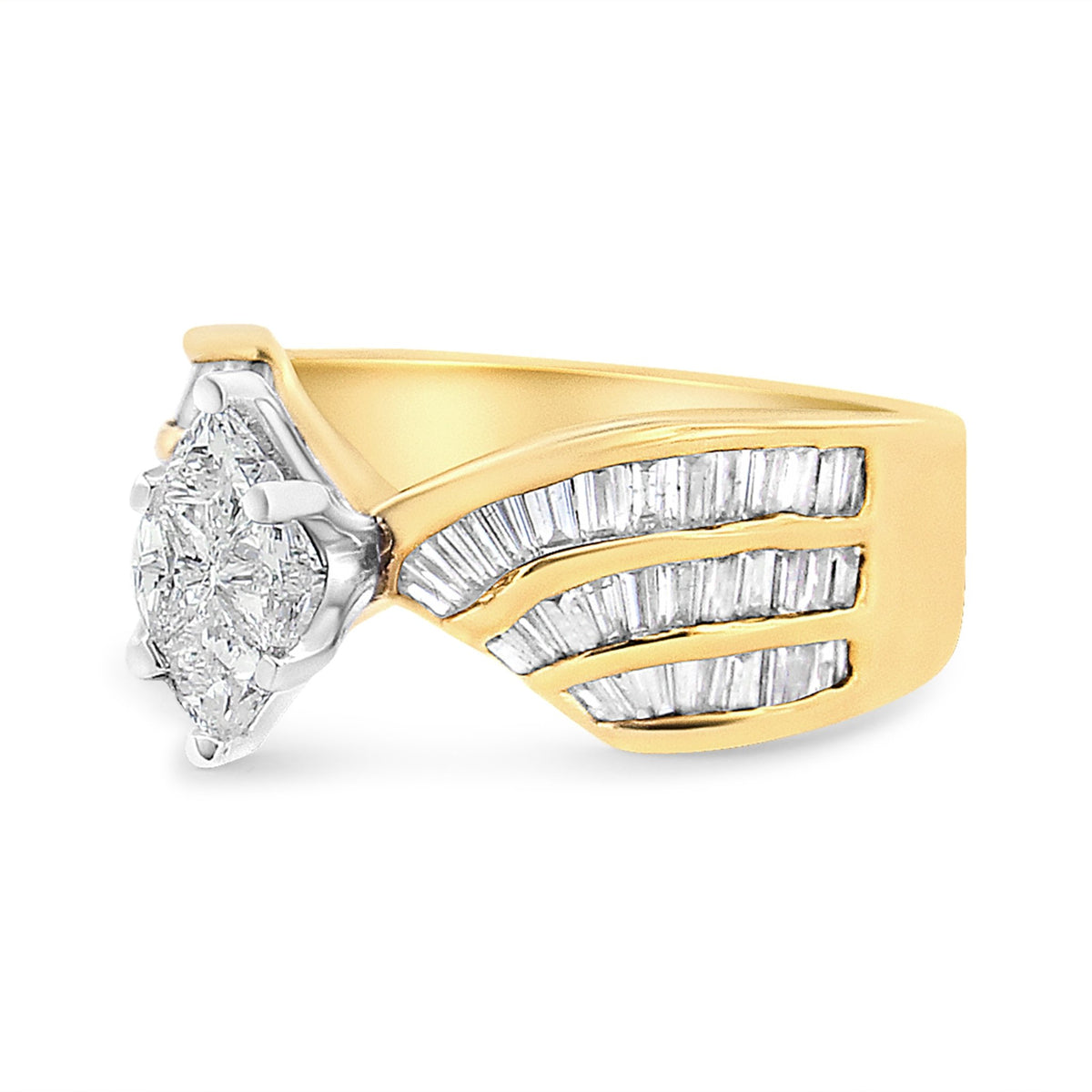 14K White and Yellow Gold 1 1/4 Cttw Pie and Baguette-Cut Diamond Marquise Shape Engagement Bypass Ring (H-I Color, VS1-VS2 Clarity) - Size 7 - LinkagejewelrydesignLinkagejewelrydesign