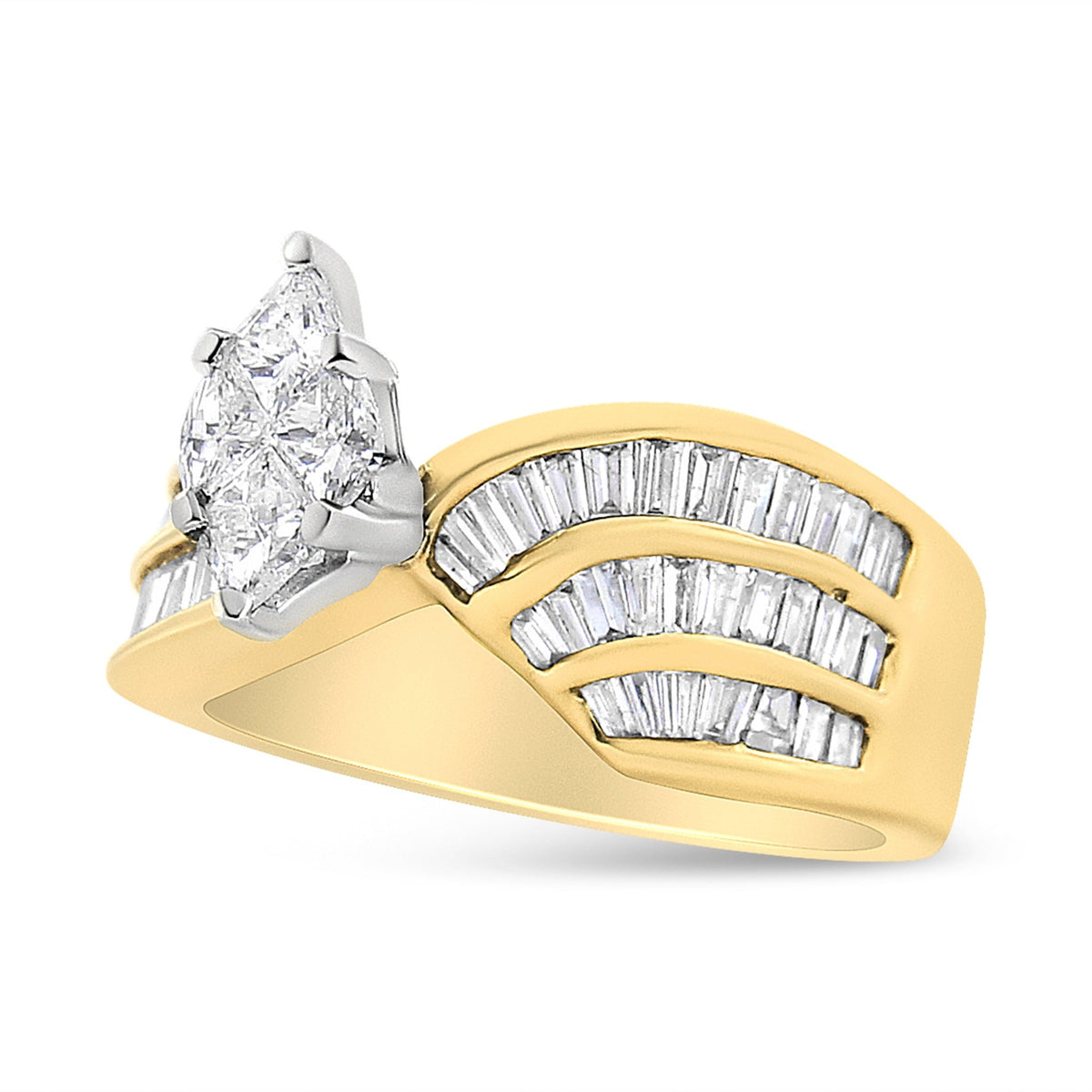 14K White and Yellow Gold 1 1/4 Cttw Pie and Baguette-Cut Diamond Marquise Shape Engagement Bypass Ring (H-I Color, VS1-VS2 Clarity) - Size 7 - LinkagejewelrydesignLinkagejewelrydesign