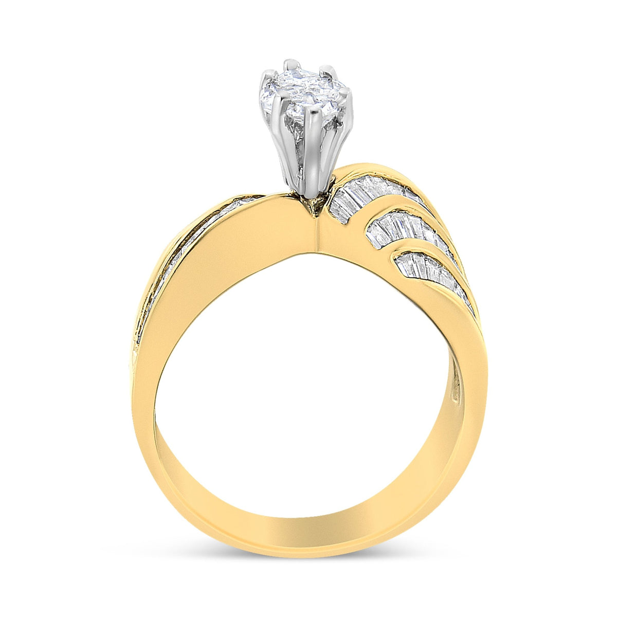 14K White and Yellow Gold 1 1/4 Cttw Pie and Baguette-Cut Diamond Marquise Shape Engagement Bypass Ring (H-I Color, VS1-VS2 Clarity) - Size 7 - LinkagejewelrydesignLinkagejewelrydesign