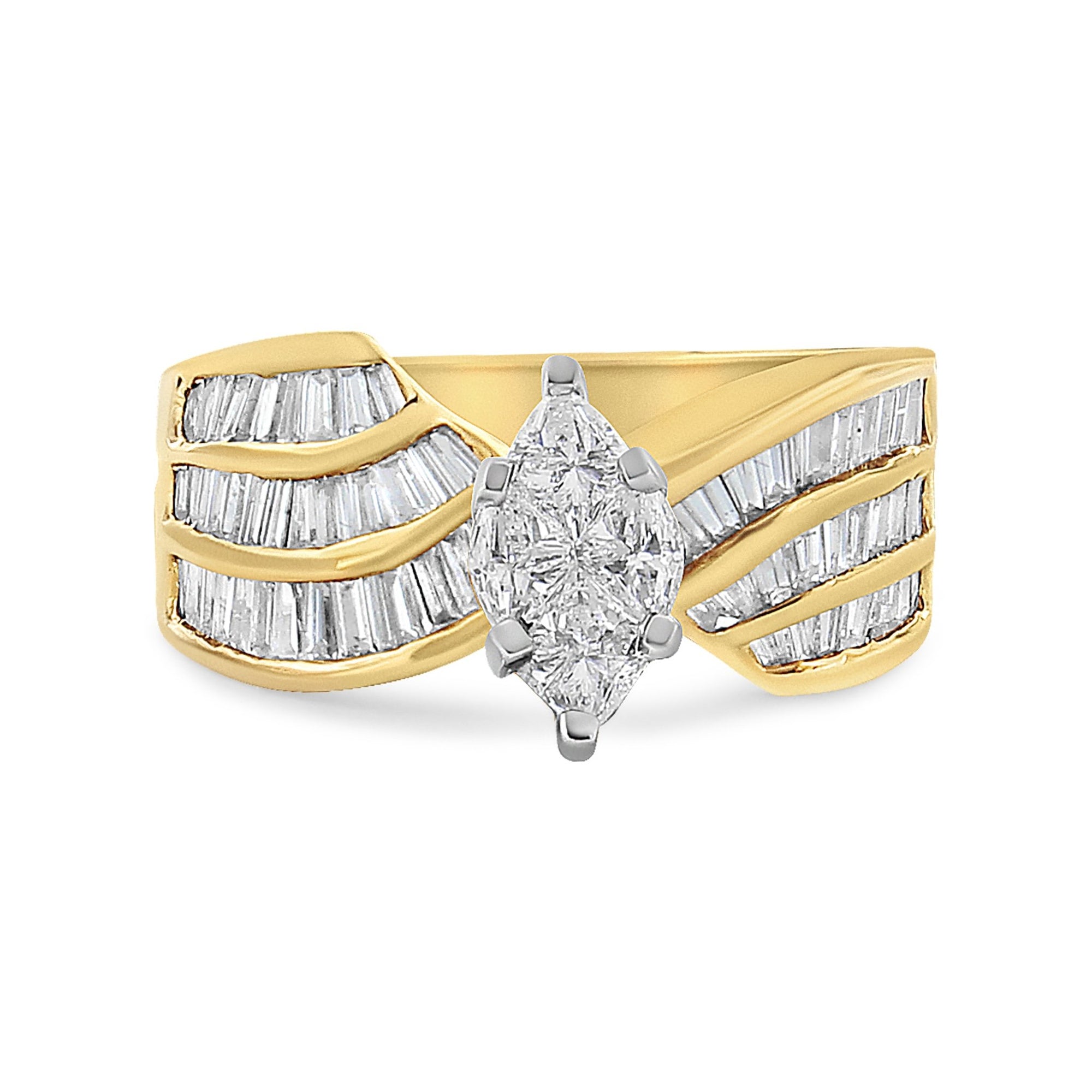 14K White and Yellow Gold 1 1/4 Cttw Pie and Baguette-Cut Diamond Marquise Shape Engagement Bypass Ring (H-I Color, VS1-VS2 Clarity) - Size 7 - LinkagejewelrydesignLinkagejewelrydesign