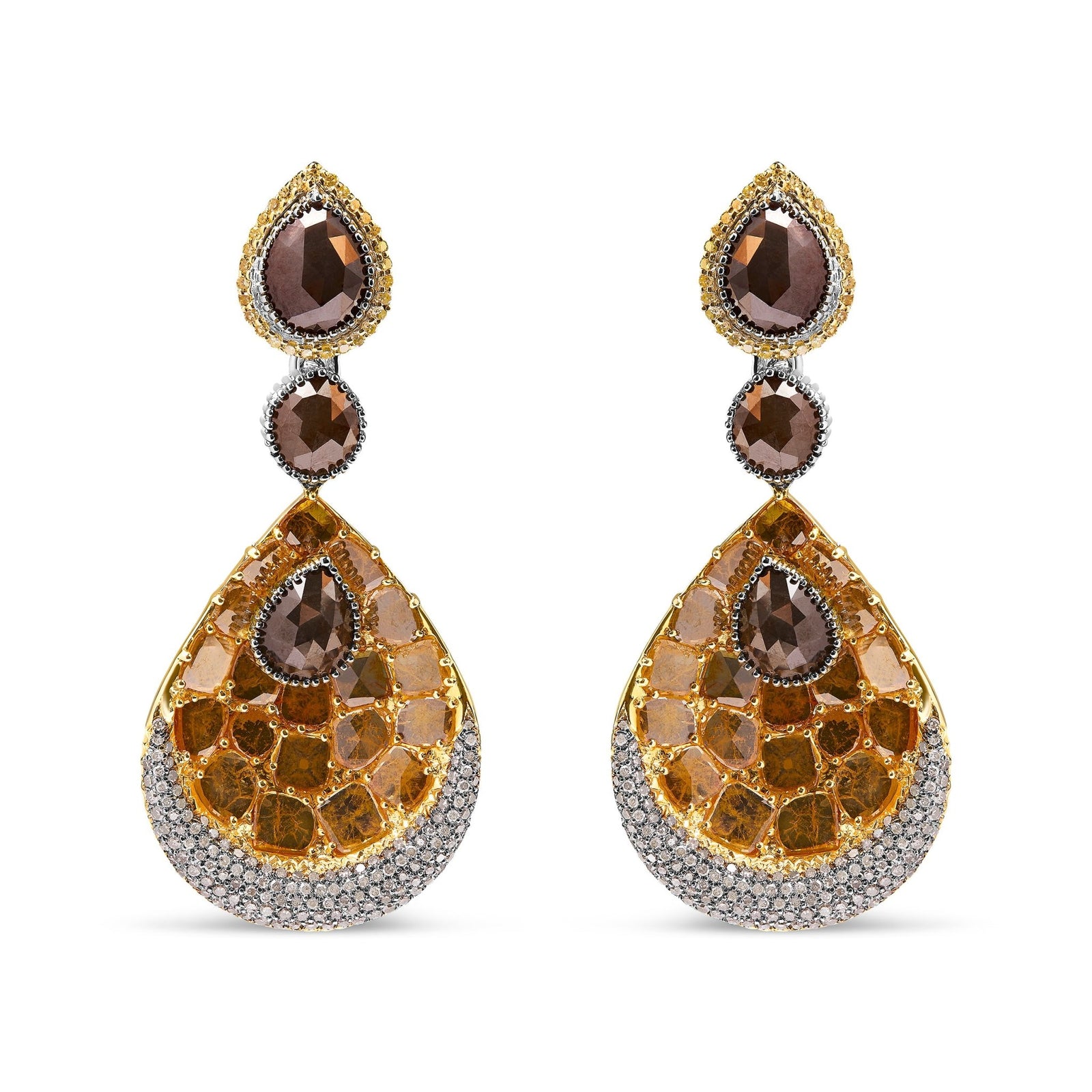 14K White and Yellow Gold 16 1/4 Cttw Fancy Color Rose Cut Diamond Disc Drop Dangle Statement Earrings (Fancy Colors, I2-I3 Clarity) - LinkagejewelrydesignLinkagejewelrydesign