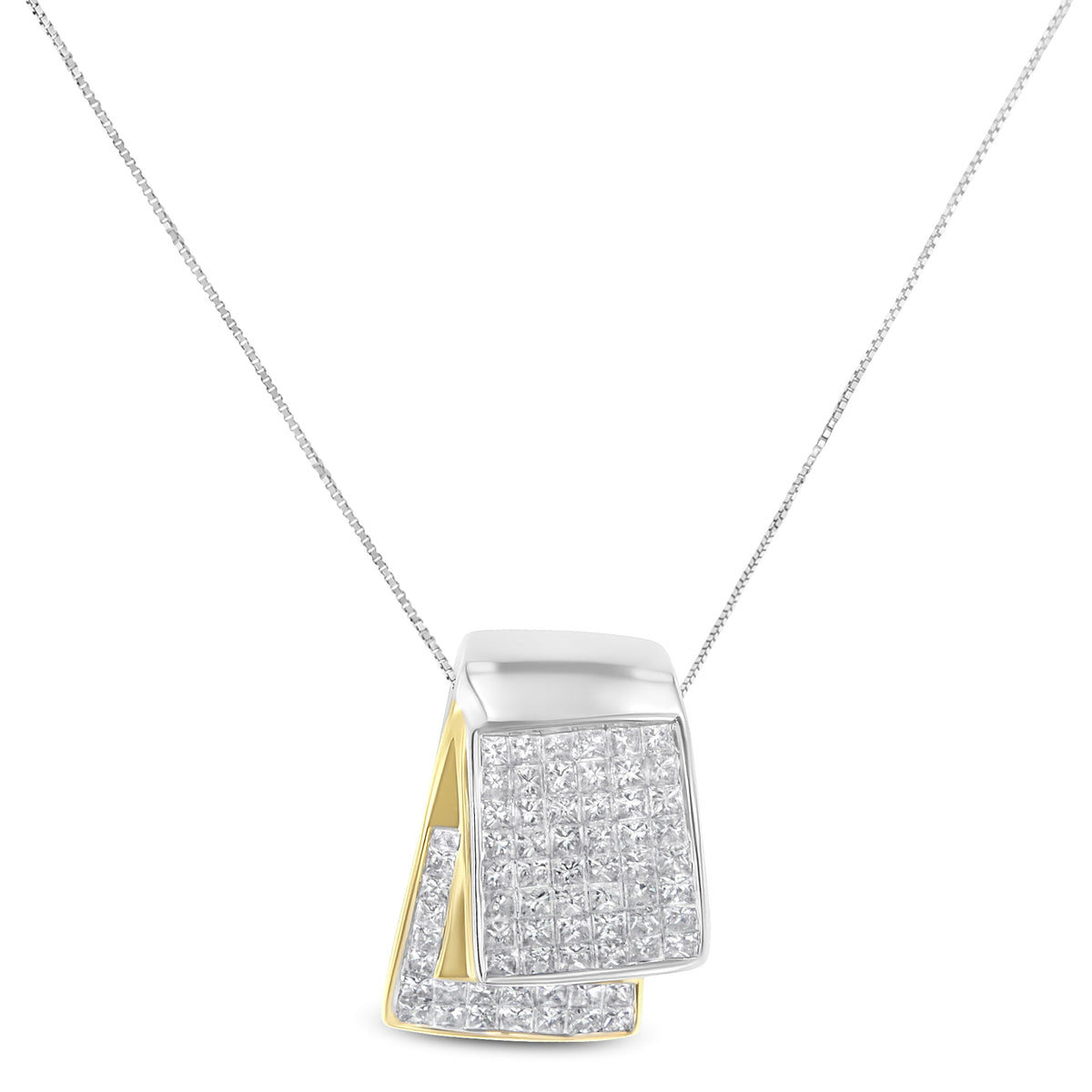 14K White and Yellow Gold 2.0 Cttw Princess Cut Diamond Two Tone Foldover Box Pendant 18” Box Chain Necklace (H-I Color, SI1-SI2 Clarity) - LinkagejewelrydesignLinkagejewelrydesign