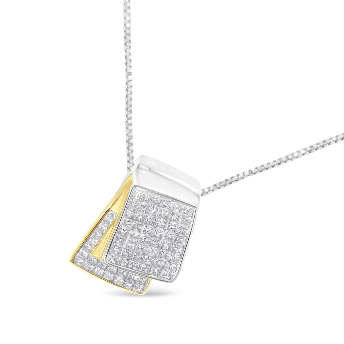 14K White and Yellow Gold 2.0 Cttw Princess Cut Diamond Two Tone Foldover Box Pendant 18” Box Chain Necklace (H-I Color, SI1-SI2 Clarity) - LinkagejewelrydesignLinkagejewelrydesign