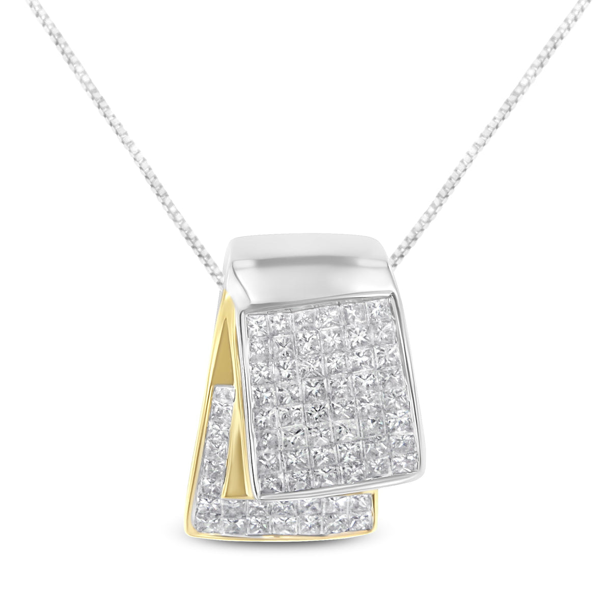 14K White and Yellow Gold 2.0 Cttw Princess Cut Diamond Two Tone Foldover Box Pendant 18” Box Chain Necklace (H-I Color, SI1-SI2 Clarity) - LinkagejewelrydesignLinkagejewelrydesign