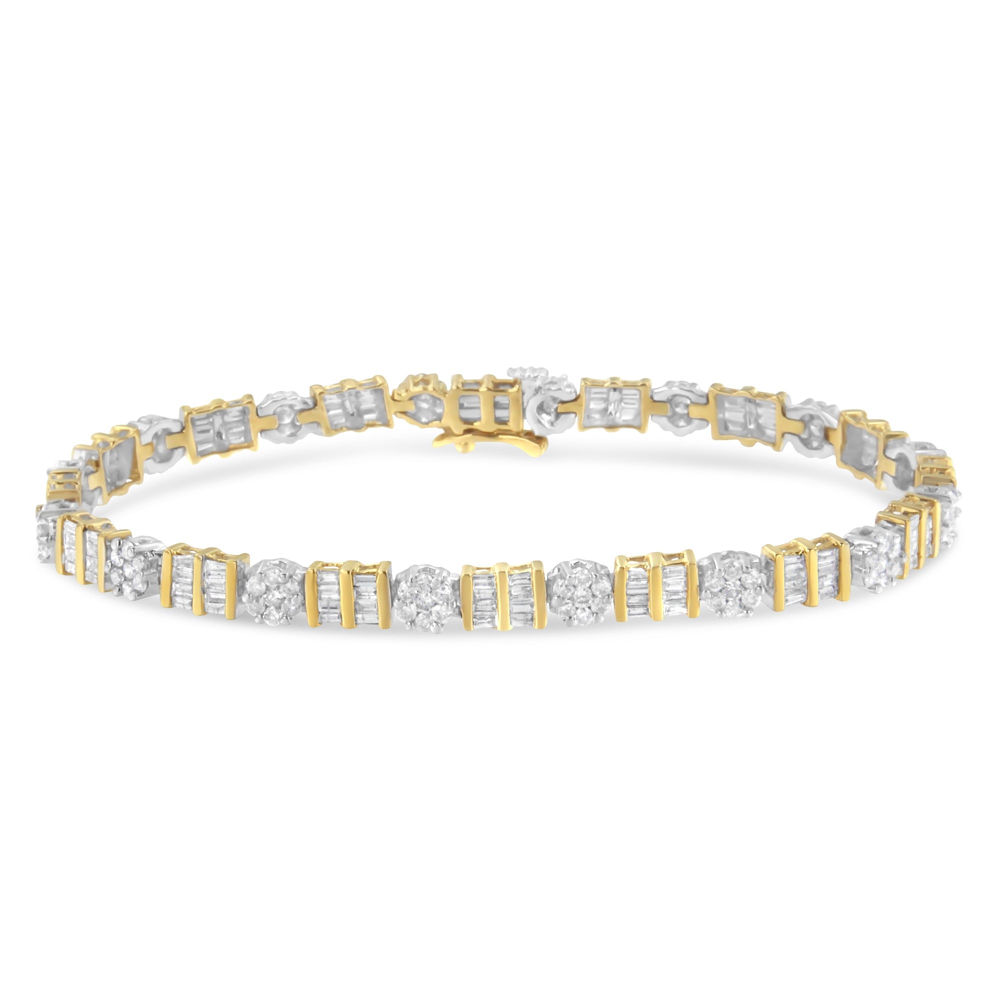 14K White and Yellow Gold 3-3/8 Cttw Round & Baguette-Cut Diamond Cluster Two Tone Alternating Station 7" Tennis Bracelet (H-I Color, I1-I2 Clarity) - LinkagejewelrydesignLinkagejewelrydesign