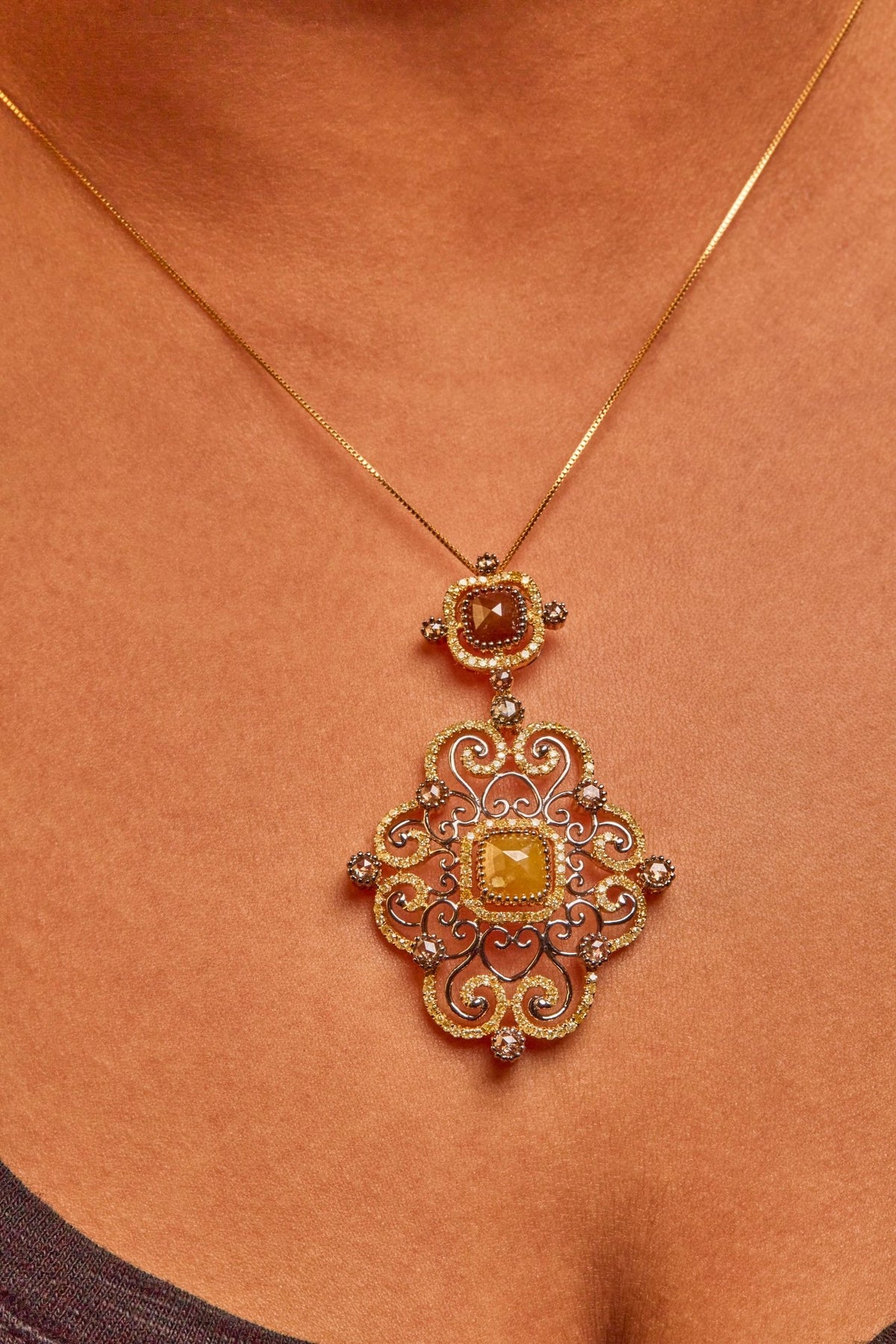 14K White and Yellow Gold 4.0 Cttw Fancy Color Rose Cut Diamond Antique Style 18&quot; Pendant Necklace (Yellow Color, I1-I2 Clarity) - LinkagejewelrydesignLinkagejewelrydesign