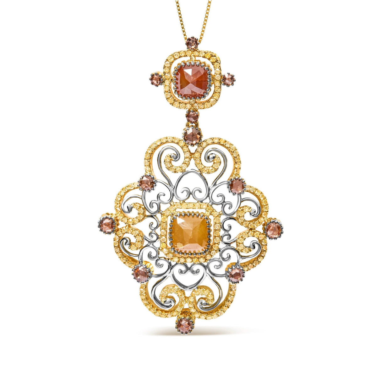 14K White and Yellow Gold 4.0 Cttw Fancy Color Rose Cut Diamond Antique Style 18&quot; Pendant Necklace (Yellow Color, I1-I2 Clarity) - LinkagejewelrydesignLinkagejewelrydesign