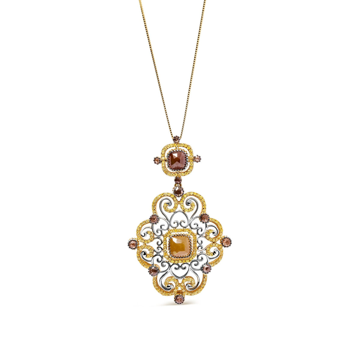 14K White and Yellow Gold 4.0 Cttw Fancy Color Rose Cut Diamond Antique Style 18&quot; Pendant Necklace (Yellow Color, I1-I2 Clarity) - LinkagejewelrydesignLinkagejewelrydesign