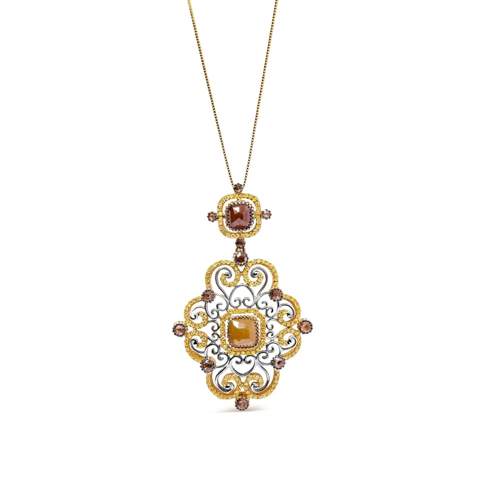 14K White and Yellow Gold 4.0 Cttw Fancy Color Rose Cut Diamond Antique Style 18" Pendant Necklace (Yellow Color, I1-I2 Clarity) - LinkagejewelrydesignLinkagejewelrydesign