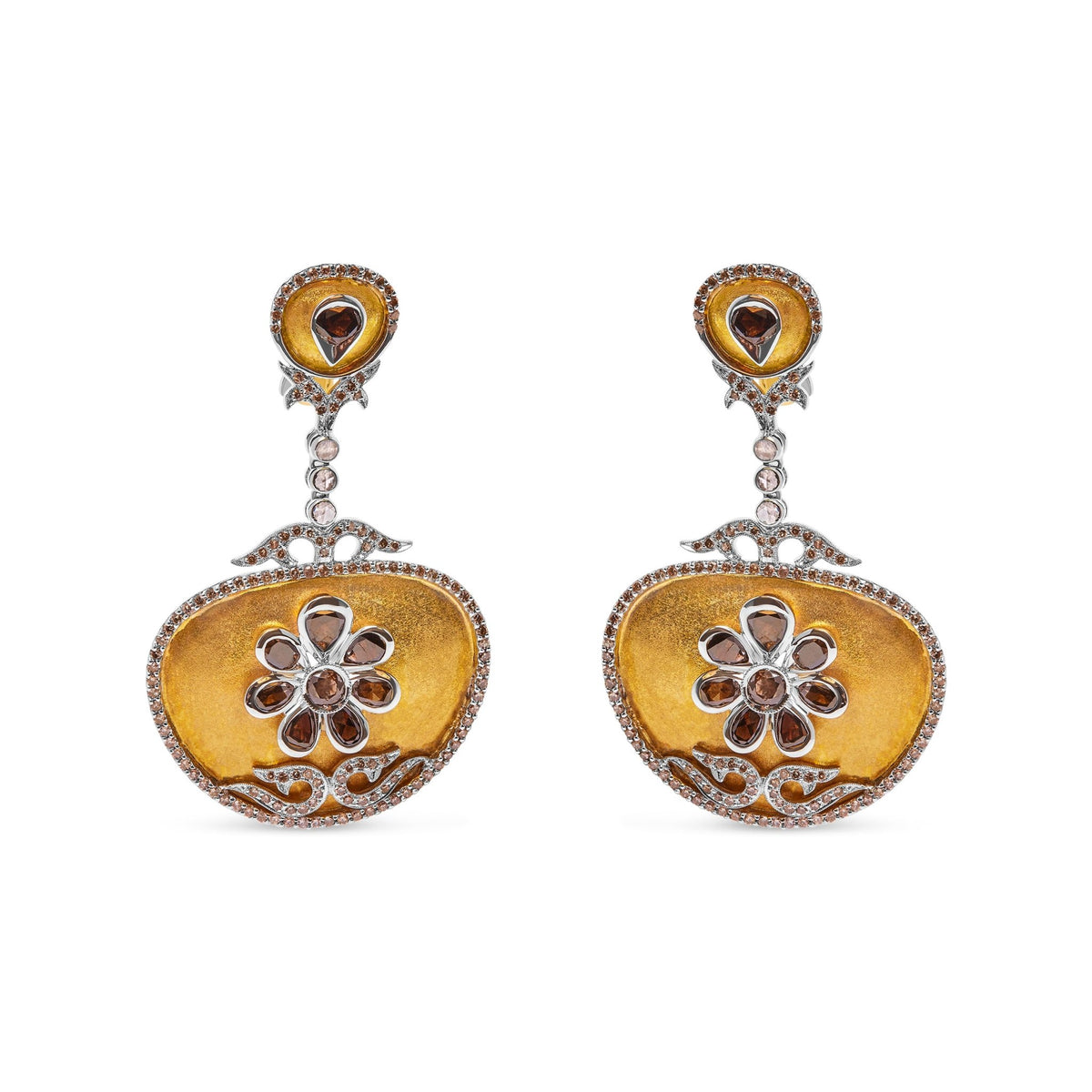 14K White and Yellow Gold 5 1/4 Cttw Rose Cut Diamond Matte Finished Medallion Dangle Earring (Fancy Color, I1-I2 Clarity) - LinkagejewelrydesignLinkagejewelrydesign