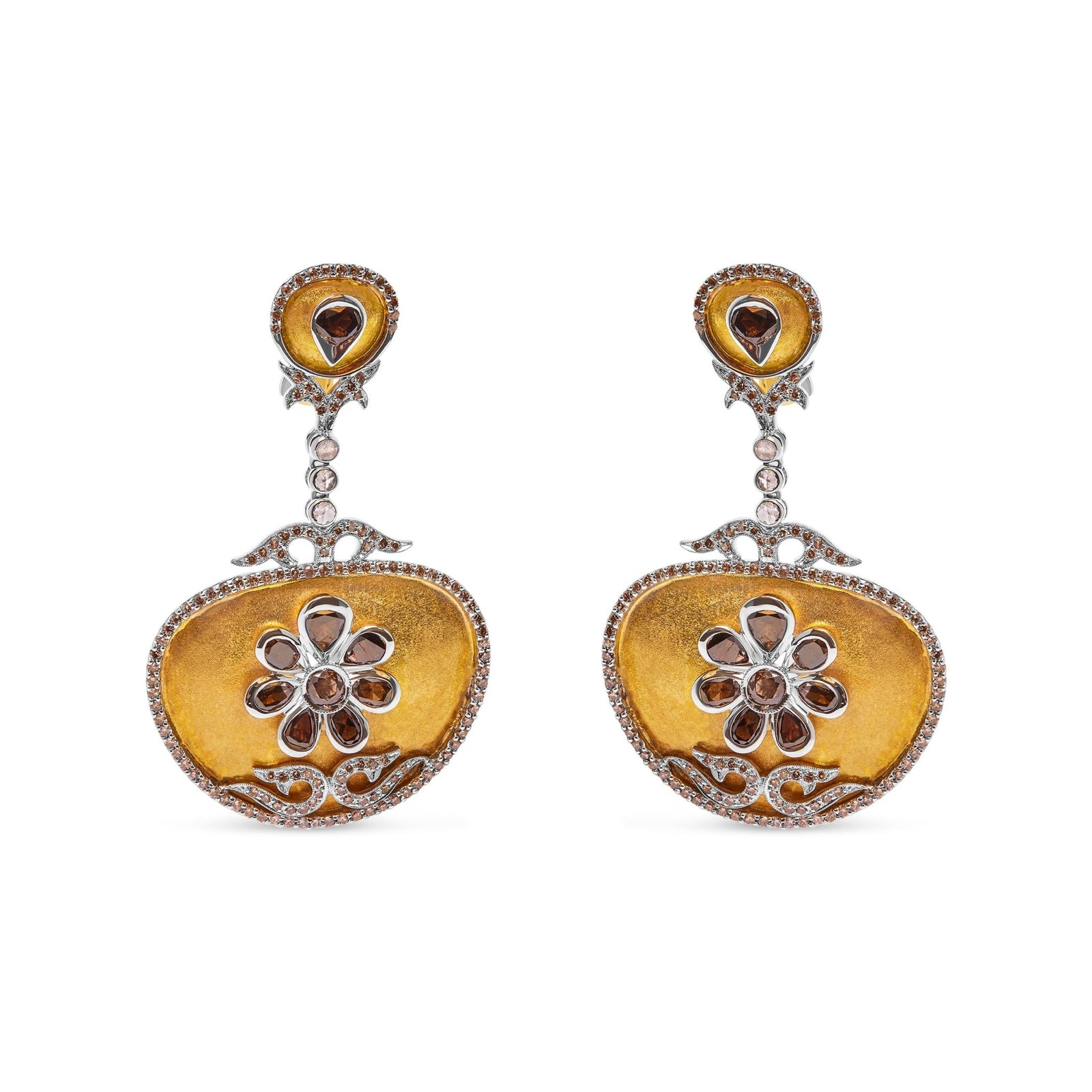 14K White and Yellow Gold 5 1/4 Cttw Rose Cut Diamond Matte Finished Medallion Dangle Earring (Fancy Color, I1-I2 Clarity) - LinkagejewelrydesignLinkagejewelrydesign