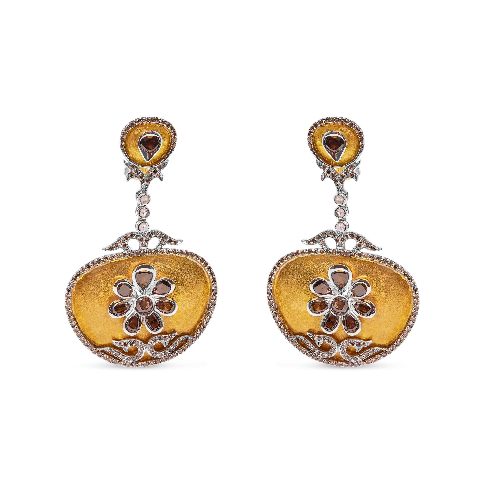 14K White and Yellow Gold 5 1/4 Cttw Rose Cut Diamond Matte Finished Medallion Dangle Earring (Fancy Color, I1-I2 Clarity) - LinkagejewelrydesignLinkagejewelrydesign