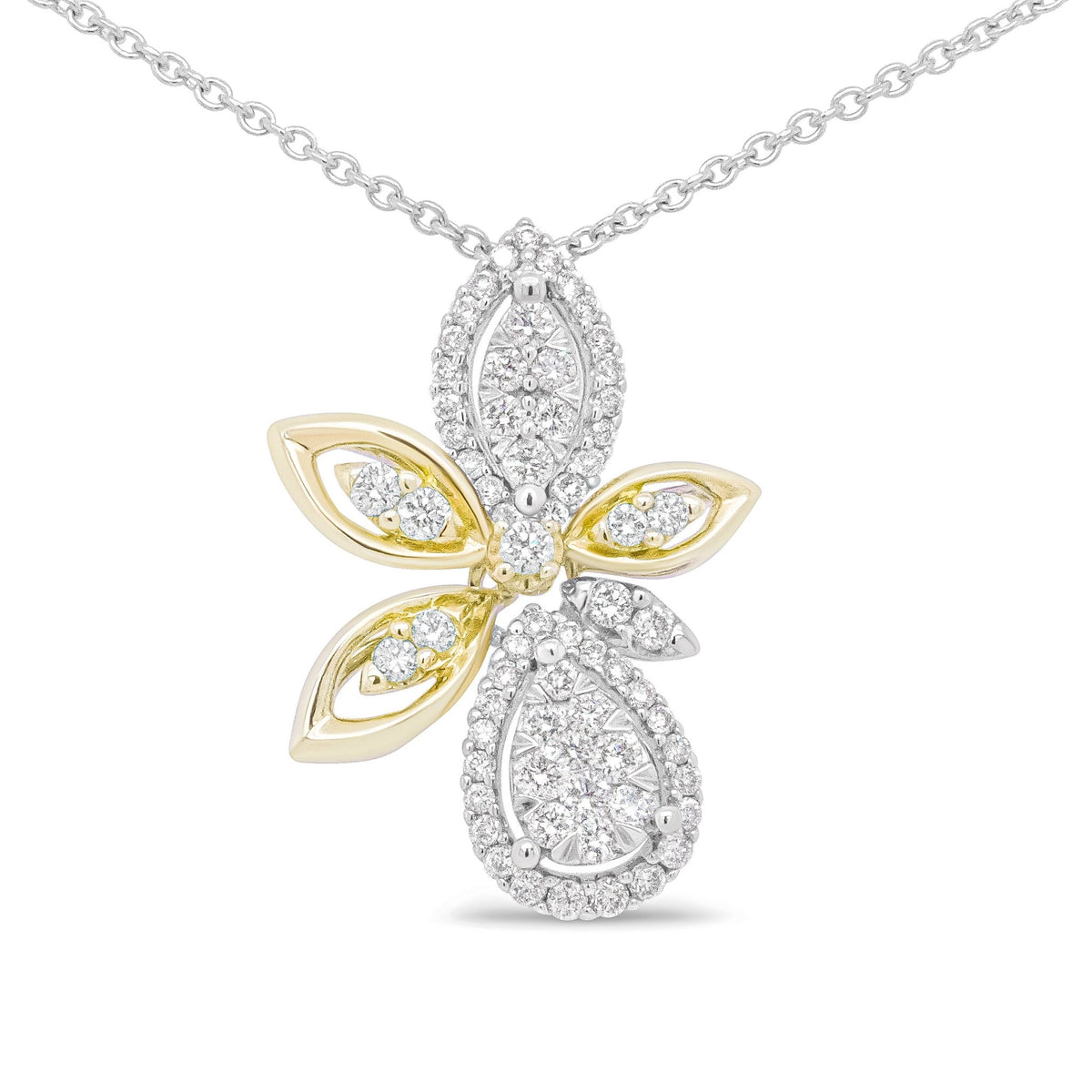 14K White and Yellow Gold 5/8 Cttw Round Diamond Marquise Floral Style 18&quot; Pendant Necklace (H-I Color, I1-I2 Clarity) - LinkagejewelrydesignLinkagejewelrydesign