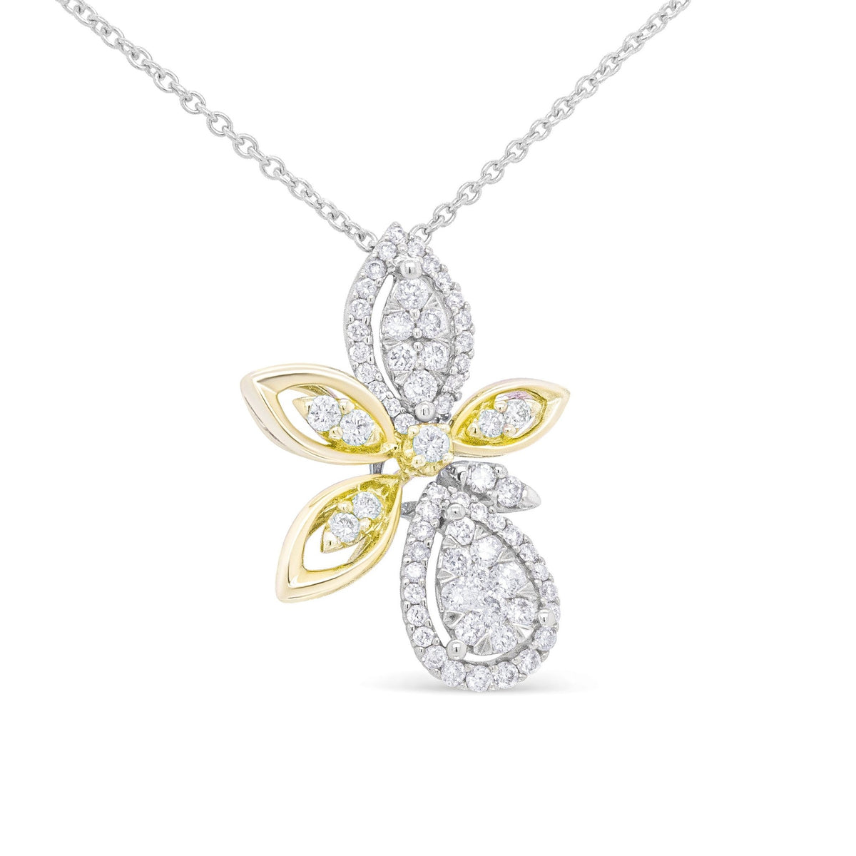 14K White and Yellow Gold 5/8 Cttw Round Diamond Marquise Floral Style 18&quot; Pendant Necklace (H-I Color, I1-I2 Clarity) - LinkagejewelrydesignLinkagejewelrydesign