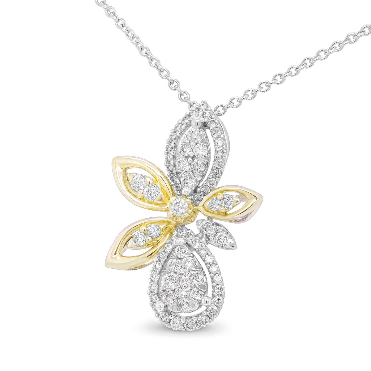 14K White and Yellow Gold 5/8 Cttw Round Diamond Marquise Floral Style 18&quot; Pendant Necklace (H-I Color, I1-I2 Clarity) - LinkagejewelrydesignLinkagejewelrydesign