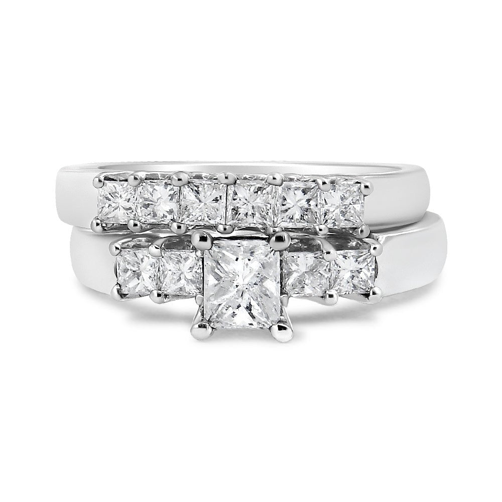 14K White Gold 1 1/2 Cttw 5 Stone Princess Diamond Engagement Wedding Ring Set (H-I Color, SI2-I1 Clarity) - Ring Size 7 - LinkagejewelrydesignLinkagejewelrydesign