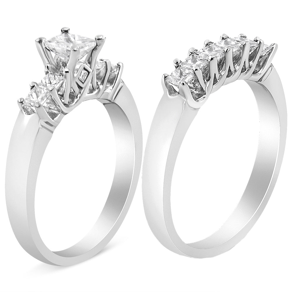 14K White Gold 1 1/2 Cttw 5 Stone Princess Diamond Engagement Wedding Ring Set (H-I Color, SI2-I1 Clarity) - Ring Size 7 - LinkagejewelrydesignLinkagejewelrydesign