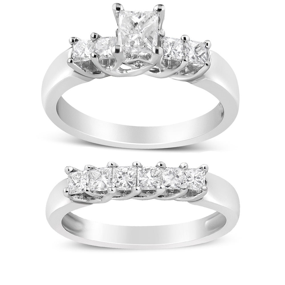 14K White Gold 1 1/2 Cttw 5 Stone Princess Diamond Engagement Wedding Ring Set (H-I Color, SI2-I1 Clarity) - Ring Size 7 - LinkagejewelrydesignLinkagejewelrydesign