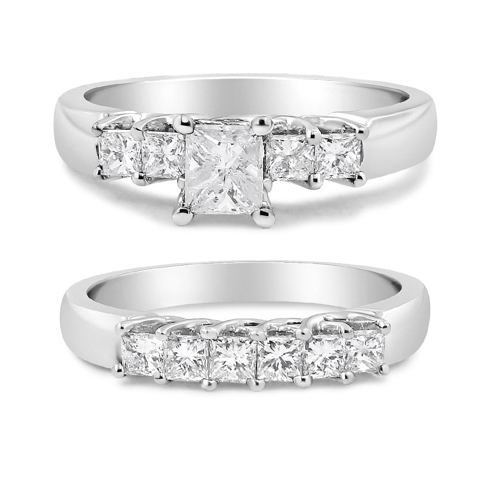 14K White Gold 1 1/2 Cttw 5 Stone Princess Diamond Engagement Wedding Ring Set (H-I Color, SI2-I1 Clarity) - Ring Size 7 - LinkagejewelrydesignLinkagejewelrydesign