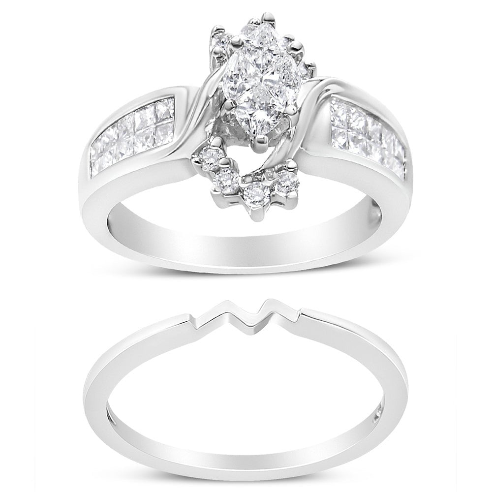 14K White Gold 1 1/2 Cttw Composite Diamond Marquise Shape Solitaire Diamond Engagement Ring Set for Women (H-I Color, SI1-SI2 Clarity) - Ring Size 7 - LinkagejewelrydesignLinkagejewelrydesign