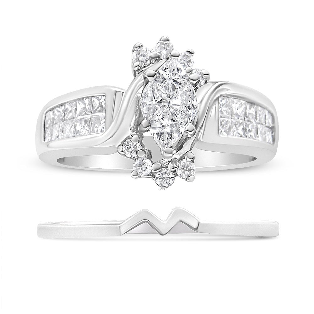 14K White Gold 1 1/2 Cttw Composite Diamond Marquise Shape Solitaire Diamond Engagement Ring Set for Women (H-I Color, SI1-SI2 Clarity) - Ring Size 7 - LinkagejewelrydesignLinkagejewelrydesign