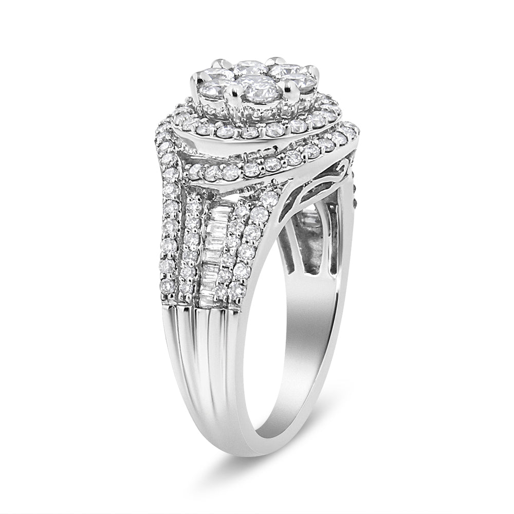 14K White Gold 1 1/2 Cttw Diamond Floral Cluster and Studded Shank Halo Ring (H-I Color, SI2-I1 Clarity) - Ring Size 7 - LinkagejewelrydesignLinkagejewelrydesign