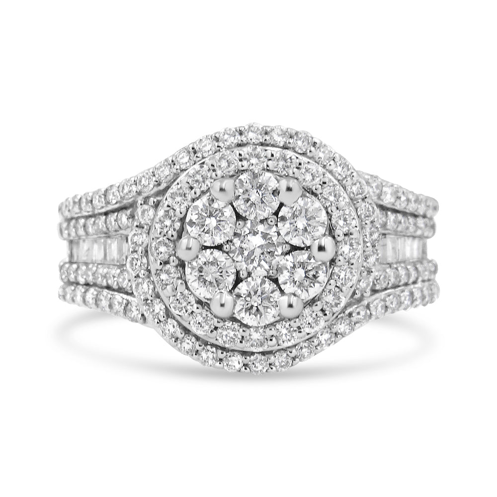 14K White Gold 1 1/2 Cttw Diamond Floral Cluster and Studded Shank Halo Ring (H-I Color, SI2-I1 Clarity) - Ring Size 7 - LinkagejewelrydesignLinkagejewelrydesign