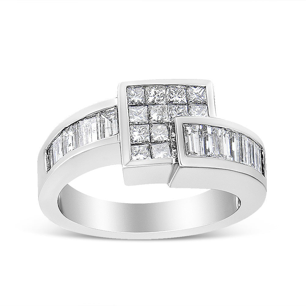 14K White Gold 1 1/2 Cttw Invisible-Set Princess and Channel-Set Baguette Diamond Geometric Bypass Ring Band (G-H Color, SI2-I1 Clarity) - Ring Size 7 - LinkagejewelrydesignLinkagejewelrydesign