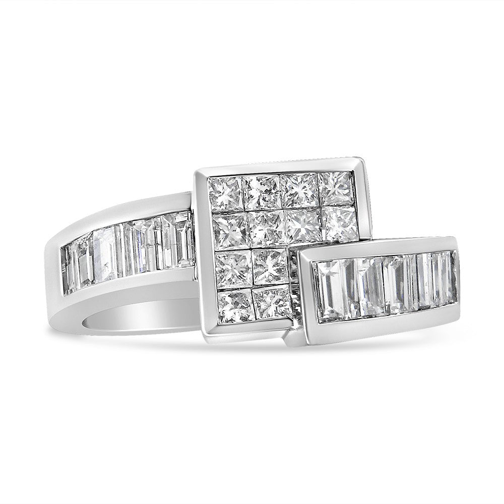 14K White Gold 1 1/2 Cttw Invisible-Set Princess and Channel-Set Baguette Diamond Geometric Bypass Ring Band (G-H Color, SI2-I1 Clarity) - Ring Size 7 - LinkagejewelrydesignLinkagejewelrydesign