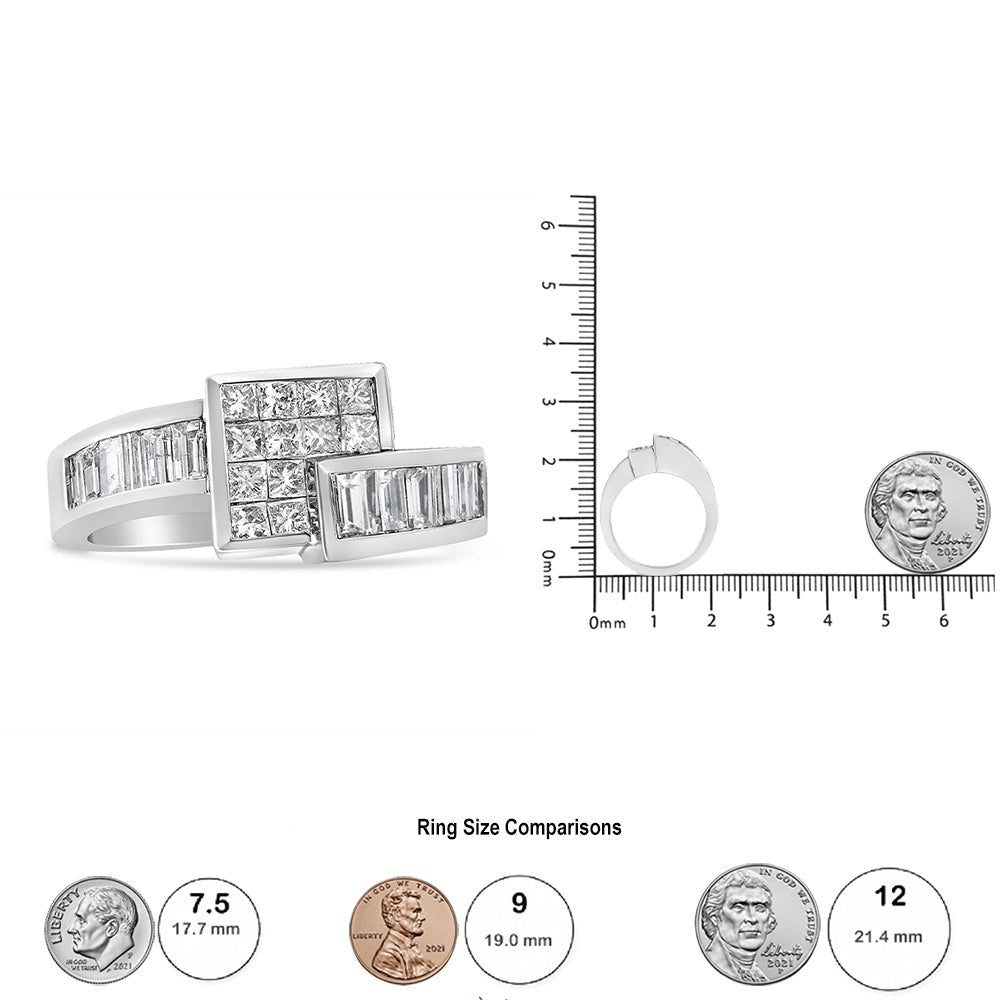 14K White Gold 1 1/2 Cttw Invisible-Set Princess and Channel-Set Baguette Diamond Geometric Bypass Ring Band (G-H Color, SI2-I1 Clarity) - Ring Size 7 - LinkagejewelrydesignLinkagejewelrydesign
