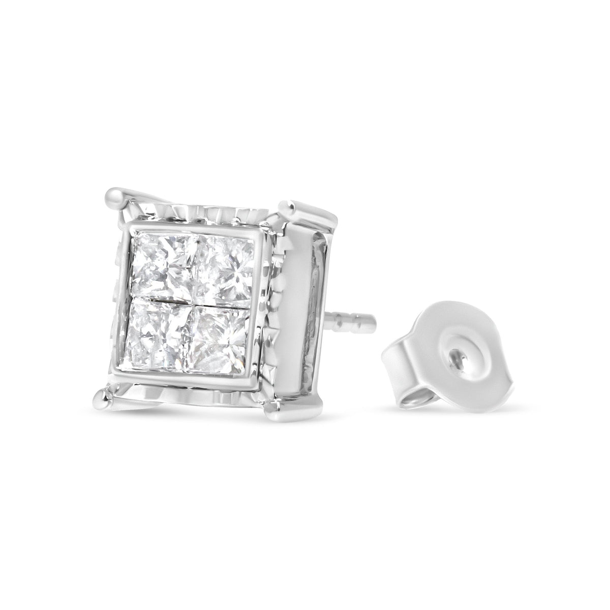 14K White Gold 1 1/2 Cttw Invisible Set Princess-Cut Diamond Contemporary Wavy Quad Stud Earrings (I-J Color, I1-I2 Clarity) - LinkagejewelrydesignLinkagejewelrydesign