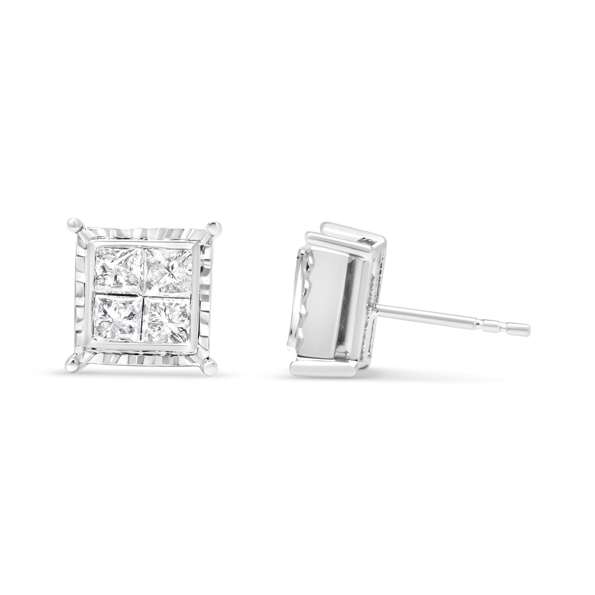 14K White Gold 1 1/2 Cttw Invisible Set Princess-Cut Diamond Contemporary Wavy Quad Stud Earrings (I-J Color, I1-I2 Clarity) - LinkagejewelrydesignLinkagejewelrydesign