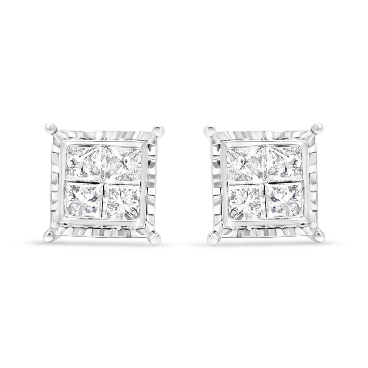 14K White Gold 1 1/2 Cttw Invisible Set Princess-Cut Diamond Contemporary Wavy Quad Stud Earrings (I-J Color, I1-I2 Clarity) - LinkagejewelrydesignLinkagejewelrydesign
