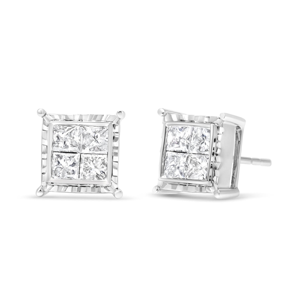 14K White Gold 1 1/2 Cttw Invisible Set Princess-Cut Diamond Contemporary Wavy Quad Stud Earrings (I-J Color, I1-I2 Clarity) - LinkagejewelrydesignLinkagejewelrydesign
