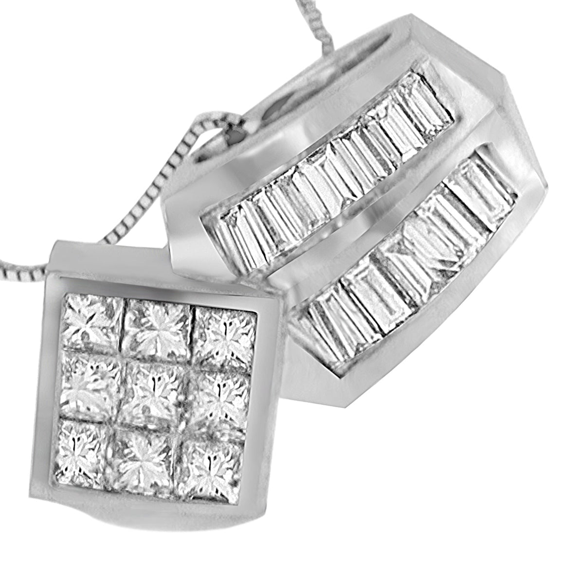 14K White Gold 1 1/2 cttw Princess and Baguette Cut Diamond Multi-shape Pendant Necklace (G-H, VS1-VS2) - LinkagejewelrydesignLinkagejewelrydesign