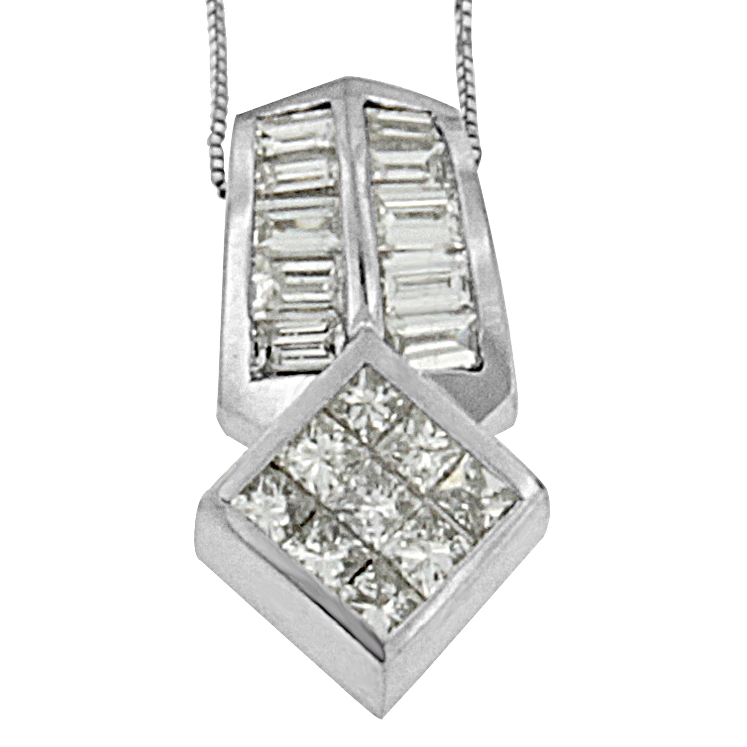 14K White Gold 1 1/2 cttw Princess and Baguette Cut Diamond Multi-shape Pendant Necklace (G-H, VS1-VS2) - LinkagejewelrydesignLinkagejewelrydesign