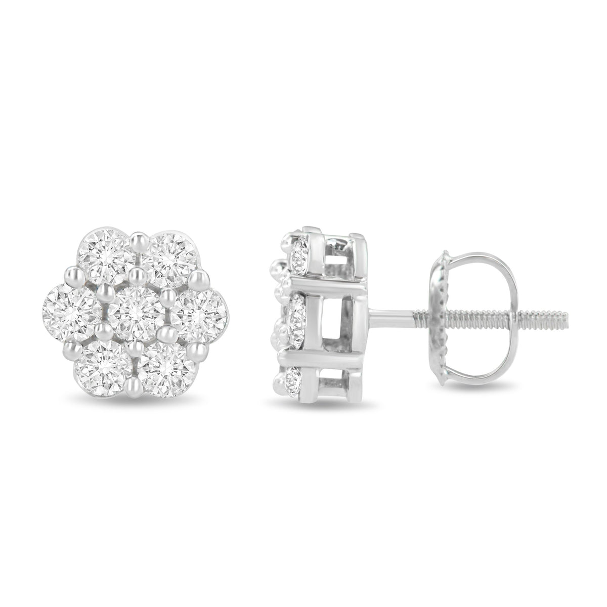 14K White Gold 1 1/2 cttw Prong Set Round-Cut Diamond Floral Cluster Stud Earrings (I-J Color, SI1-SI2 Clarity) - LinkagejewelrydesignLinkagejewelrydesign