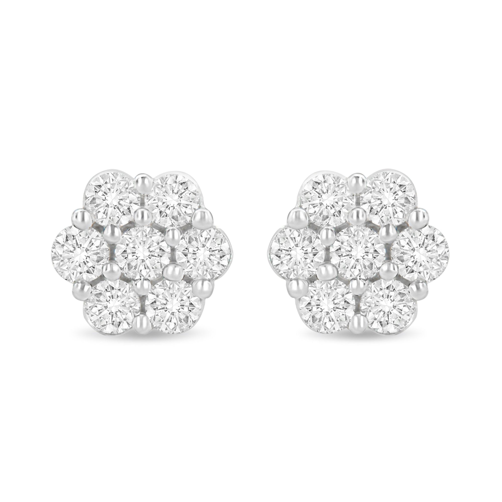 14K White Gold 1 1/2 cttw Prong Set Round-Cut Diamond Floral Cluster Stud Earrings (I-J Color, SI1-SI2 Clarity) - LinkagejewelrydesignLinkagejewelrydesign