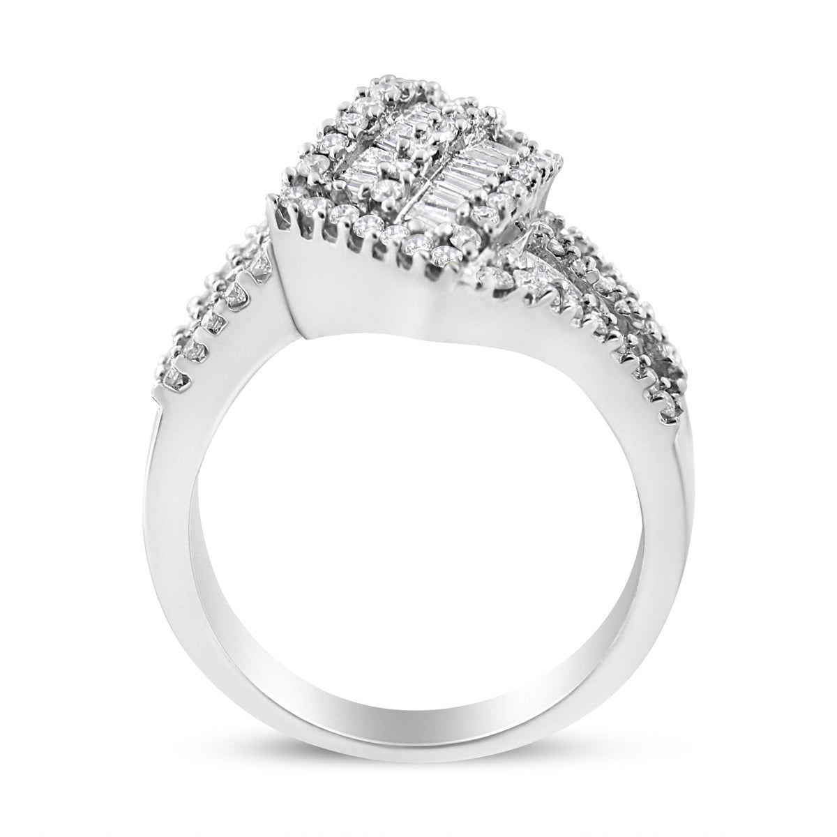 14K White Gold 1-1/2 Cttw Round and Baguette Diamond Bypass Cocktail Ring Band (H-I Color, SI1-SI2 Clarity) - Size 7 - LinkagejewelrydesignLinkagejewelrydesign