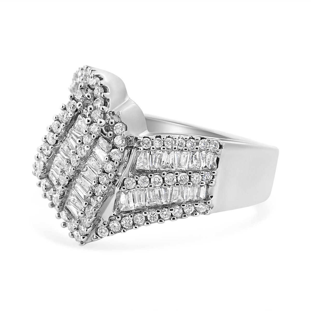 14K White Gold 1-1/2 Cttw Round and Baguette Diamond Bypass Cocktail Ring Band (H-I Color, SI1-SI2 Clarity) - Size 7 - LinkagejewelrydesignLinkagejewelrydesign