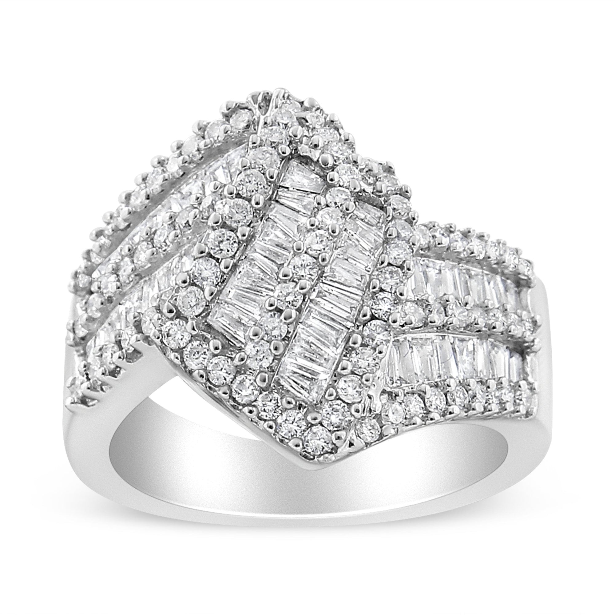 14K White Gold 1-1/2 Cttw Round and Baguette Diamond Bypass Cocktail Ring Band (H-I Color, SI1-SI2 Clarity) - Size 7 - LinkagejewelrydesignLinkagejewelrydesign
