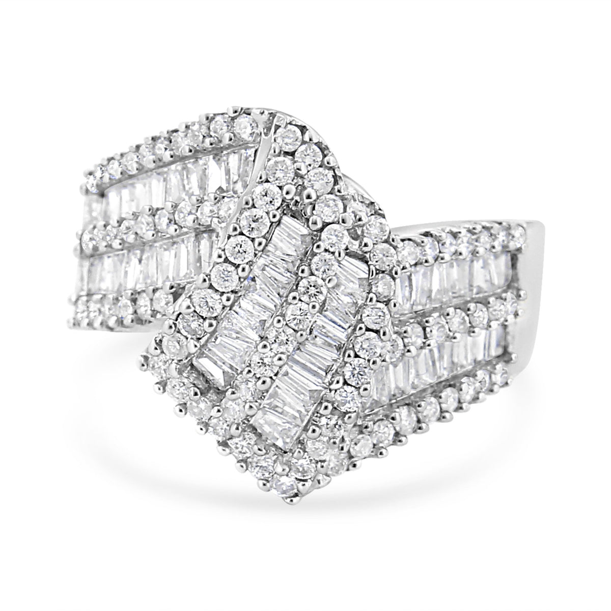 14K White Gold 1-1/2 Cttw Round and Baguette Diamond Bypass Cocktail Ring Band (H-I Color, SI1-SI2 Clarity) - Size 7 - LinkagejewelrydesignLinkagejewelrydesign
