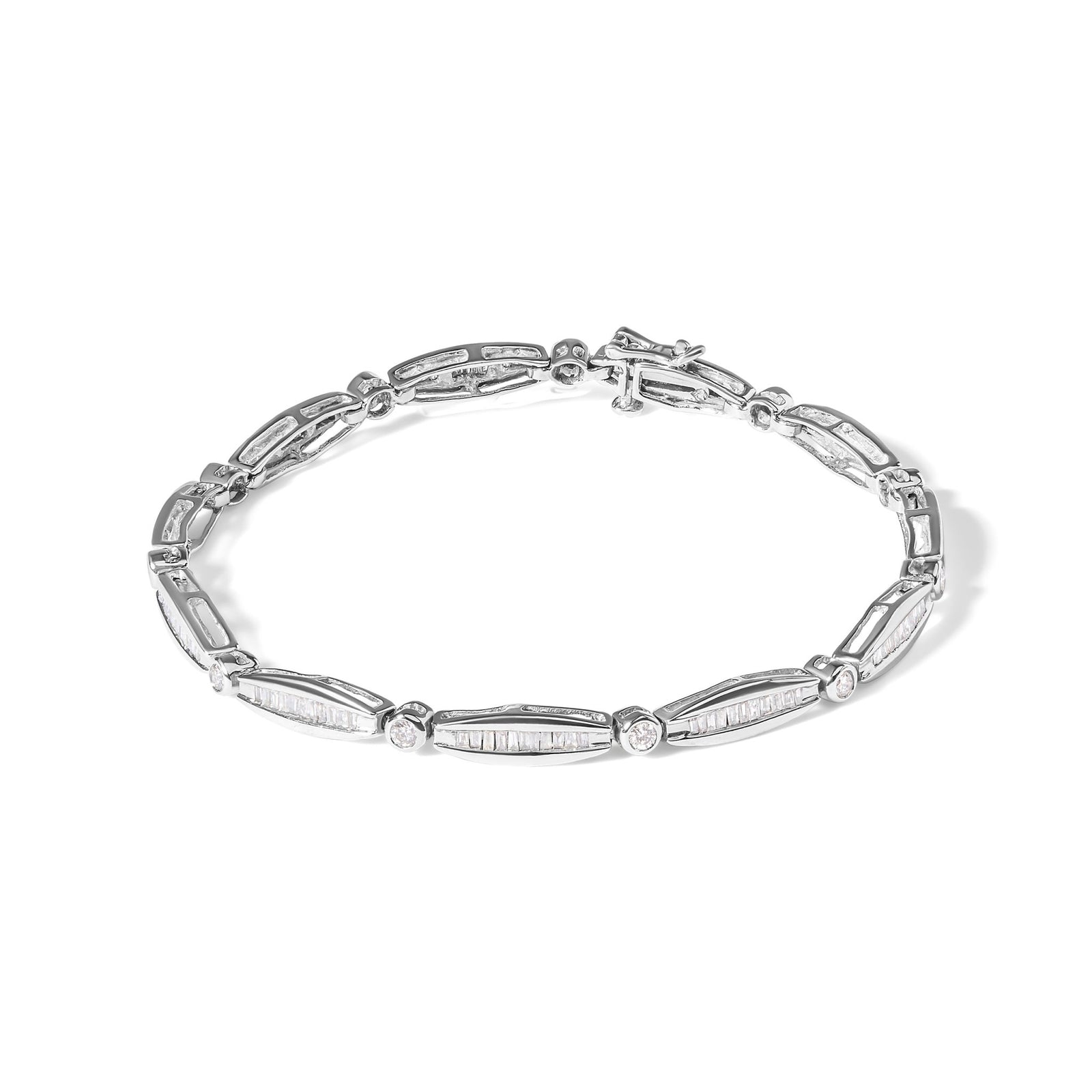 14K White Gold 1-1/2 Cttw Round Brilliant-Cut & Baguette Cut Diamond Bezel and Tapered Link 7" Tennis Bracelet (H-I Color, I1-I2 Clarity) - LinkagejewelrydesignLinkagejewelrydesign