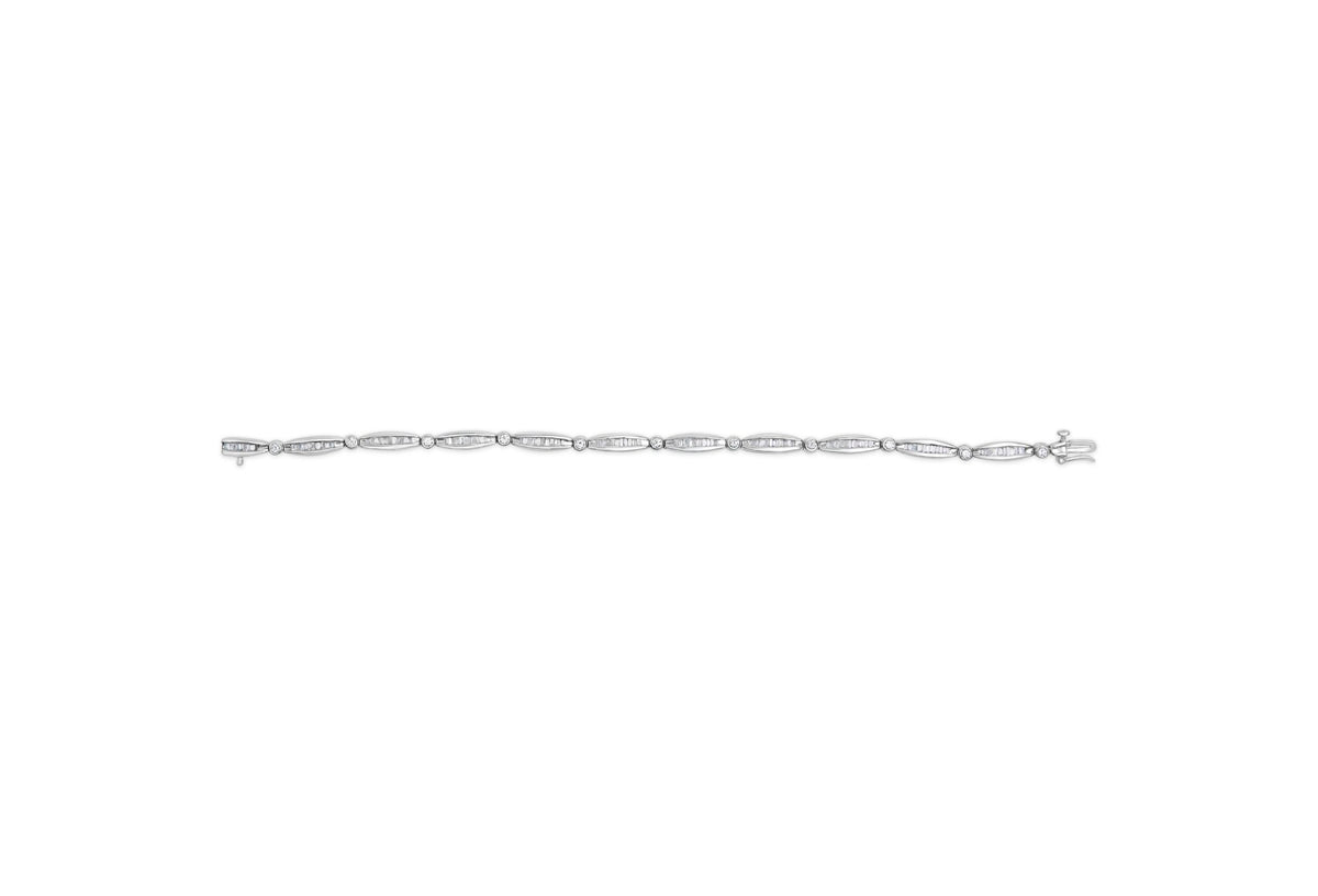 14K White Gold 1-1/2 Cttw Round Brilliant-Cut &amp; Baguette Cut Diamond Bezel and Tapered Link 7&quot; Tennis Bracelet (H-I Color, I1-I2 Clarity) - LinkagejewelrydesignLinkagejewelrydesign