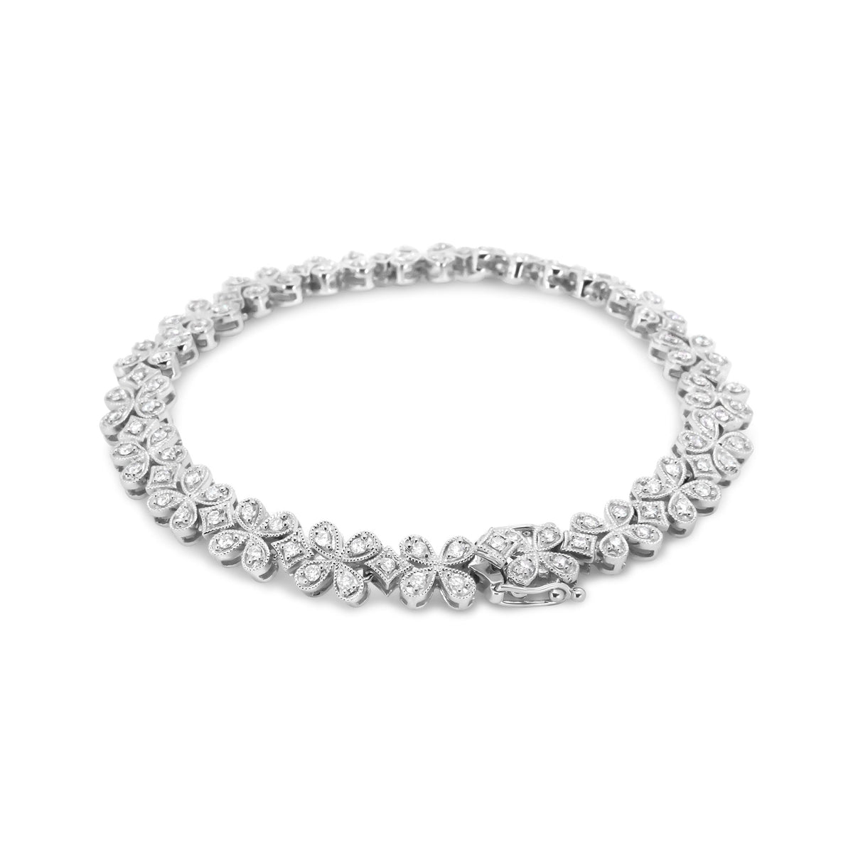 14K White Gold 1 1/2 Cttw Round Diamond Floral Clover-Shaped Link Bracelet (H-I Color, SI1-SI2 Clarity) - Size 7" - LinkagejewelrydesignLinkagejewelrydesign