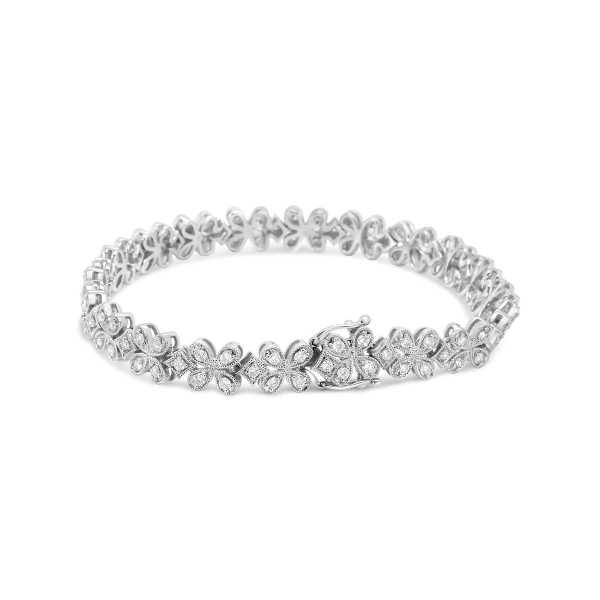 14K White Gold 1 1/2 Cttw Round Diamond Floral Clover-Shaped Link Bracelet (H-I Color, SI1-SI2 Clarity) - Size 7" - LinkagejewelrydesignLinkagejewelrydesign