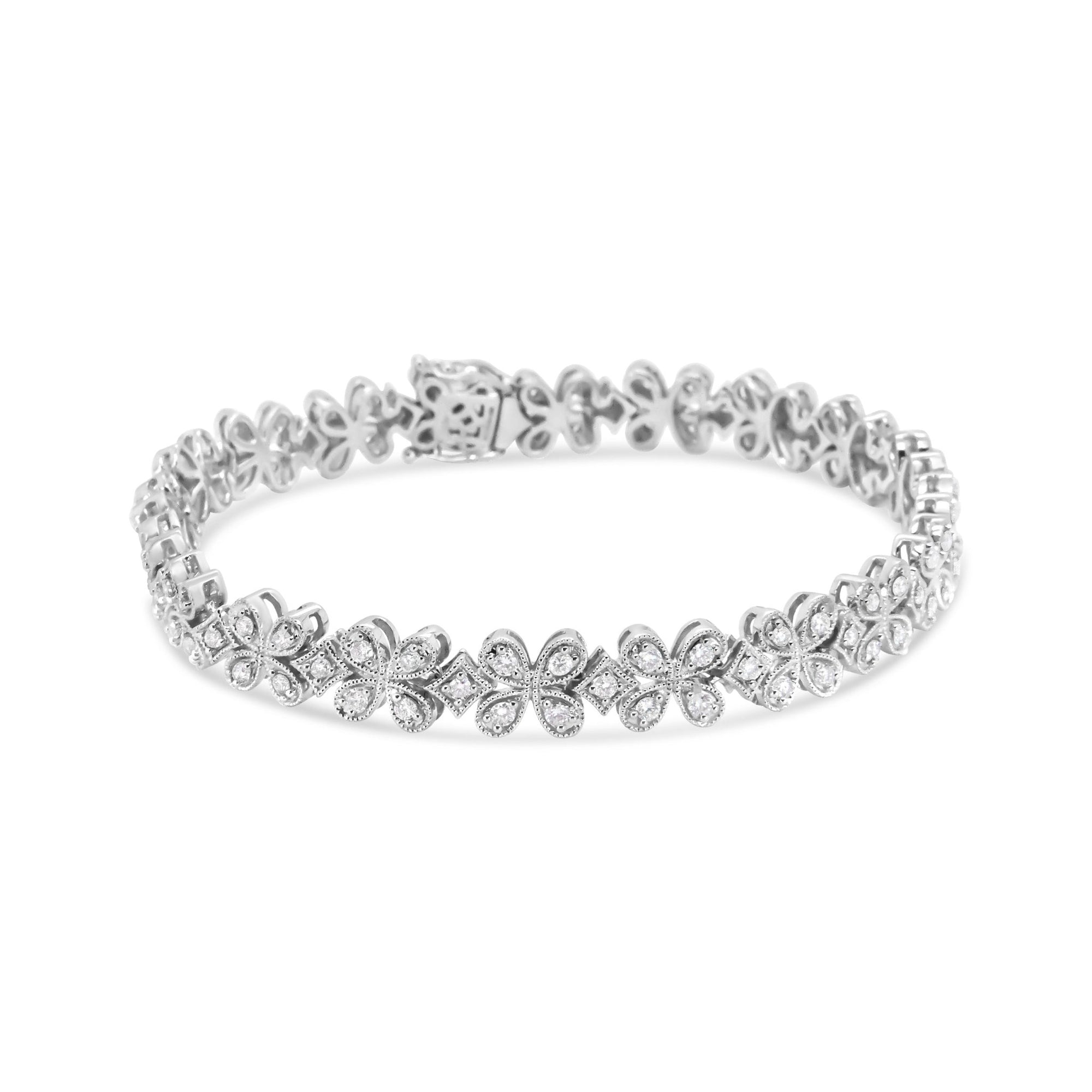 14K White Gold 1 1/2 Cttw Round Diamond Floral Clover-Shaped Link Bracelet (H-I Color, SI1-SI2 Clarity) - Size 7" - LinkagejewelrydesignLinkagejewelrydesign