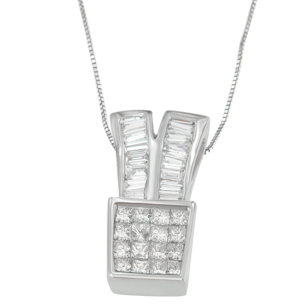 14K White Gold 1 1/3 cttw Princess and Baguette Cut Diamond Sparkling Shapes Pendant Necklace (H-I, SI1-SI2) - LinkagejewelrydesignLinkagejewelrydesign