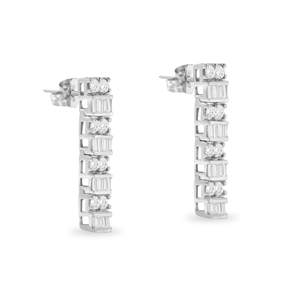 14K White Gold 1 1/3 cttw Round And Baguette Cut Diamond Earrings (H-I, SI2-I1) - LinkagejewelrydesignLinkagejewelrydesign