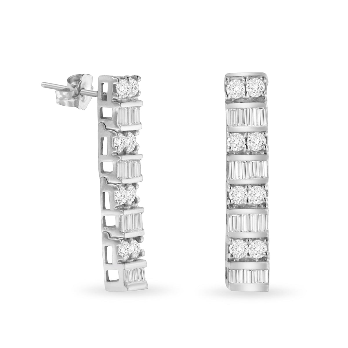 14K White Gold 1 1/3 cttw Round And Baguette Cut Diamond Earrings (H-I, SI2-I1) - LinkagejewelrydesignLinkagejewelrydesign